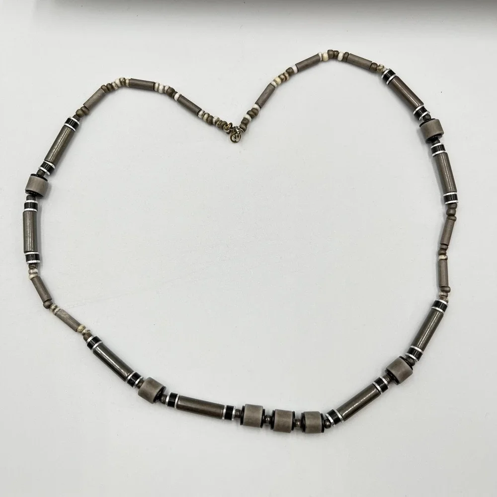 Vintage Retro Earthy Grey Stone & Wood Tube Bead Necklace‎ Boho Tribal Style